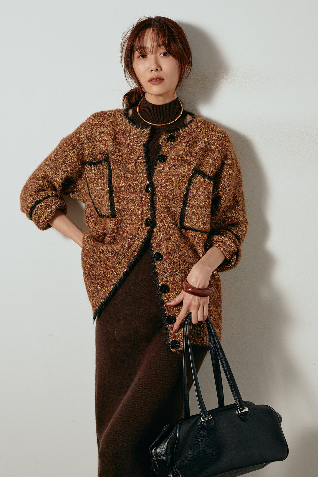 [SET]ミックスニットポケットカーディガン+ノースリーブニットロングワンピース(2set)