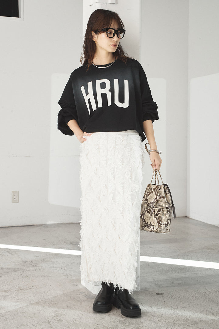 [SET]ビッグロゴHRU袖ボリュームトップス+カットフリンジニットタイトスカート(2set)