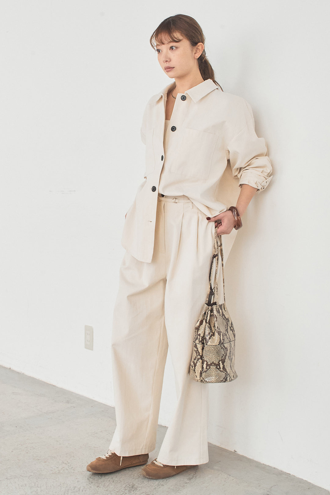 [SET]ツイルシャツジャケット+ツイルハイウエストタックパンツ(2set)