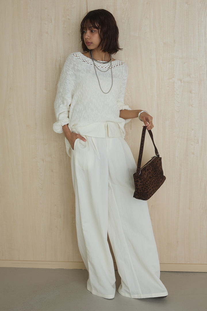 [SET]ネック編みデザインニットトップス+ウエスト折り返しワイドパンツ(2set)