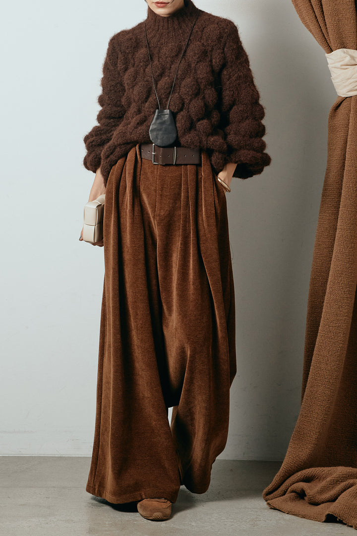 [SET]ボリュームポップコーンニットトップス+ベルトループコーデュロイワイドパンツ(2set)