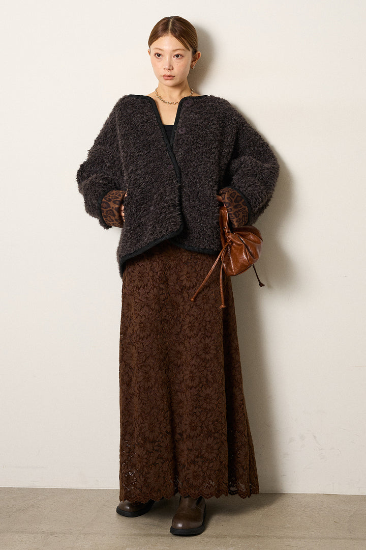 [SET]ノーカラー裏地レオパードボアアウター+花柄刺繍ベロアフレアスカート(2set)