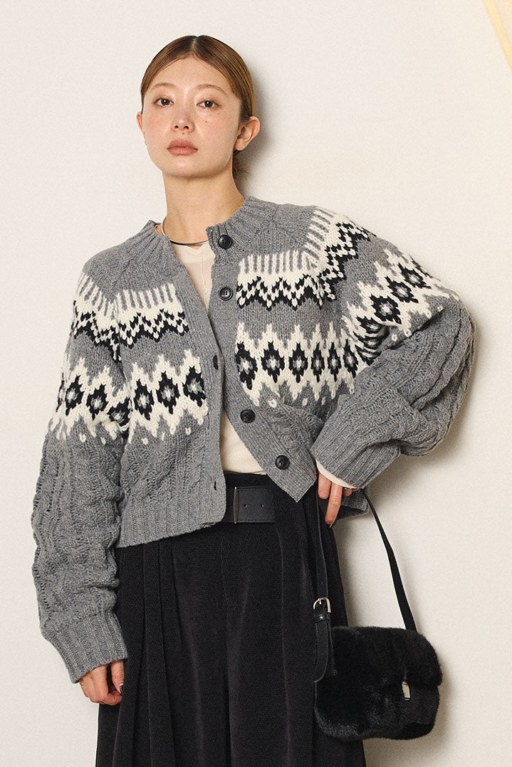 [SET]2WAY求心柄ジャガードショートカーディガン+2WAY袖コード刺繍クルーネックプルオーバー(2set)
