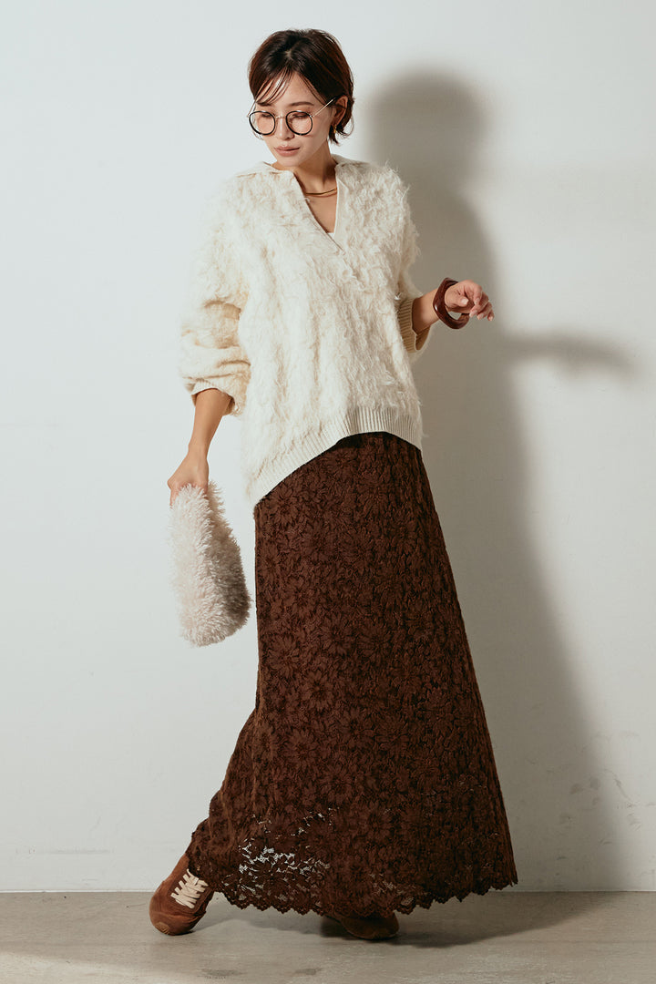 [SET]襟付きシャギーニットポロトップス+花柄刺繍ベロアフレアスカート(2set)