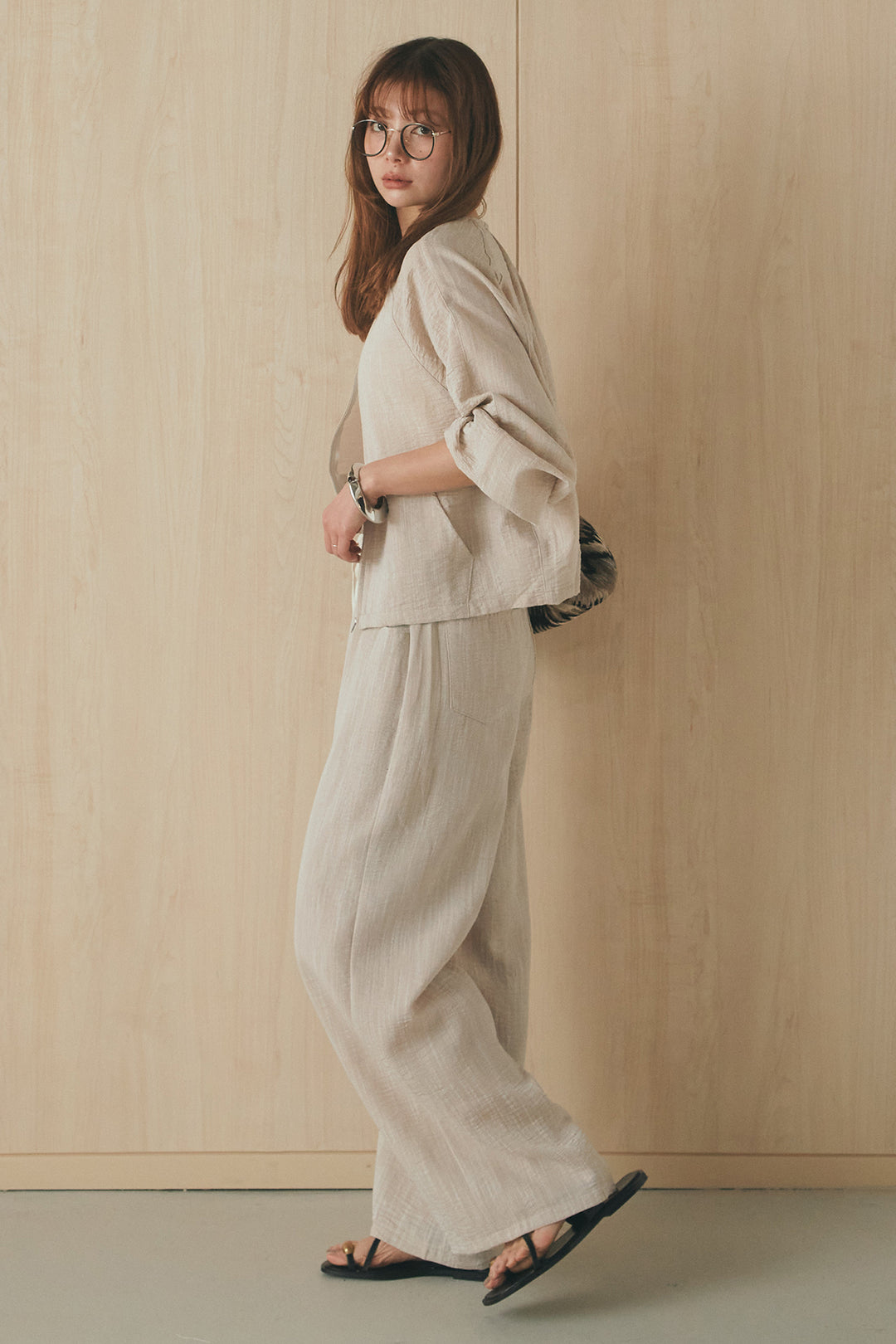 [SET]麻混ノーカラーブルゾン+麻混ウエストドロストパンツ(2set)