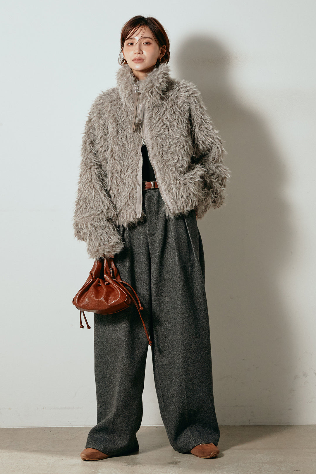 [SET]ミックスシープファースタンドブルゾン+フェイクウールタックトラウザーズパンツ(2set)