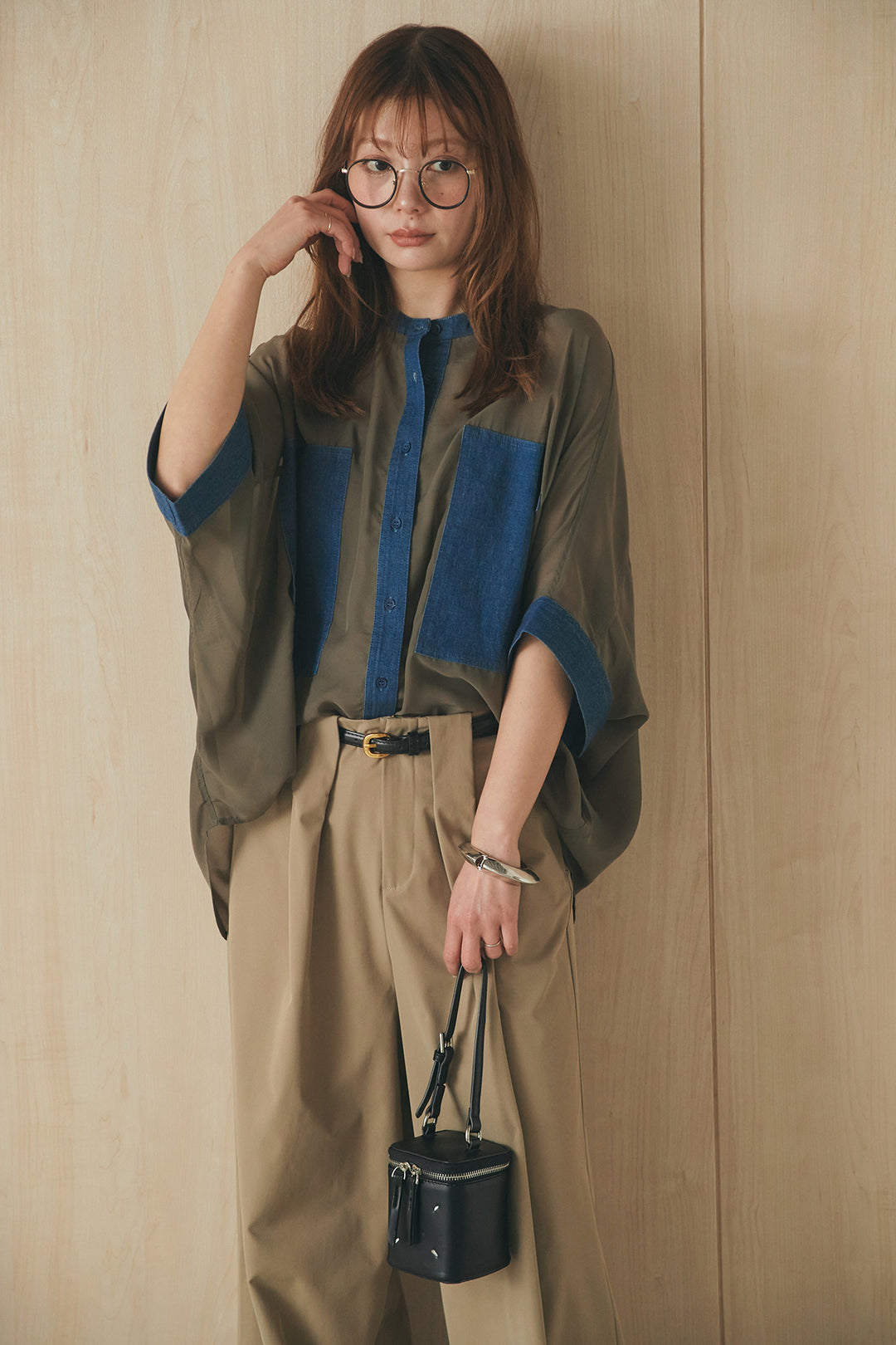 [SET]デニムライクビッグツーポケシアーシャツ+ベルトループデザインハイウエストタックパンツ(2set)