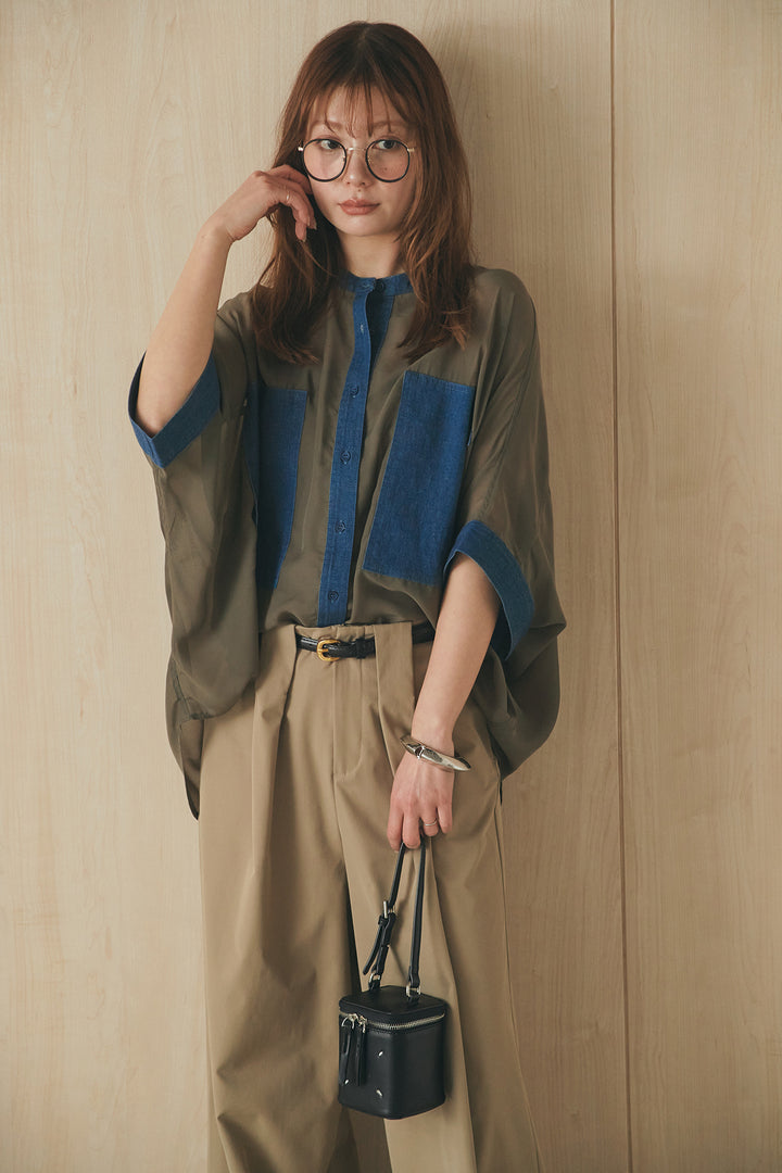 [SET]デニムライクビッグツーポケシアーシャツ+ベルトループデザインハイウエストタックパンツ(2set)