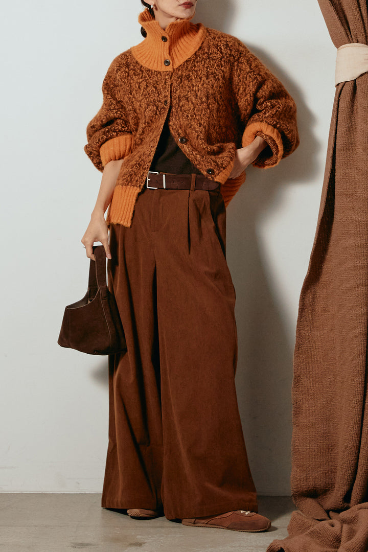 [SET]ハイネックミックスニットトップス+太ベルト付きコーデュロイタックパンツ(2set)