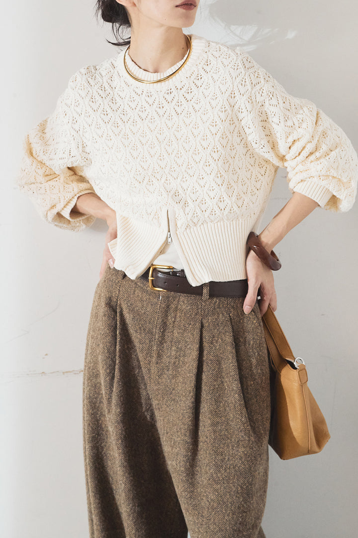 [SET]透かし編みニットジップスリットプルオーバー+タックツイードワイドパンツ(2set)