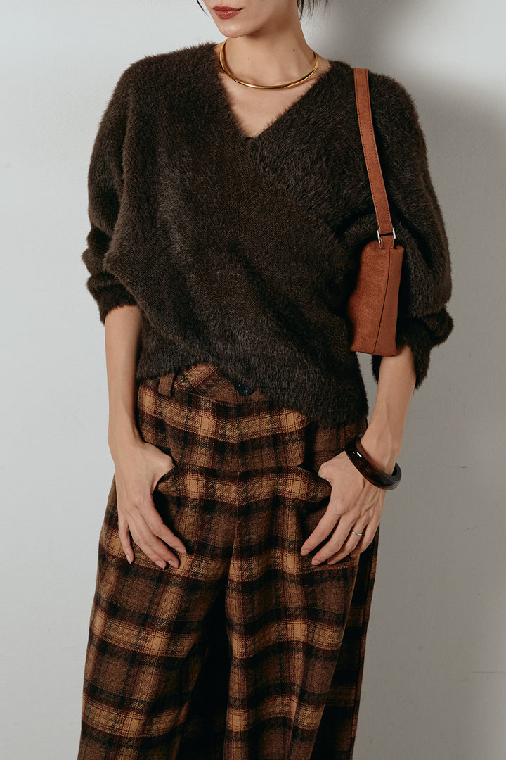 [SET]シャギーカシュクールニットトップス+ルーズタータンチェックワイドパンツ(2set)