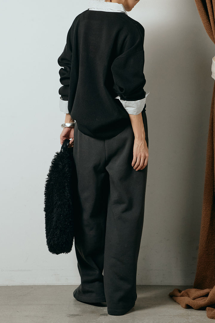 [SET]ストライプシャツドッキングポロトップス+裏起毛スウェットワイドパンツ(2set)