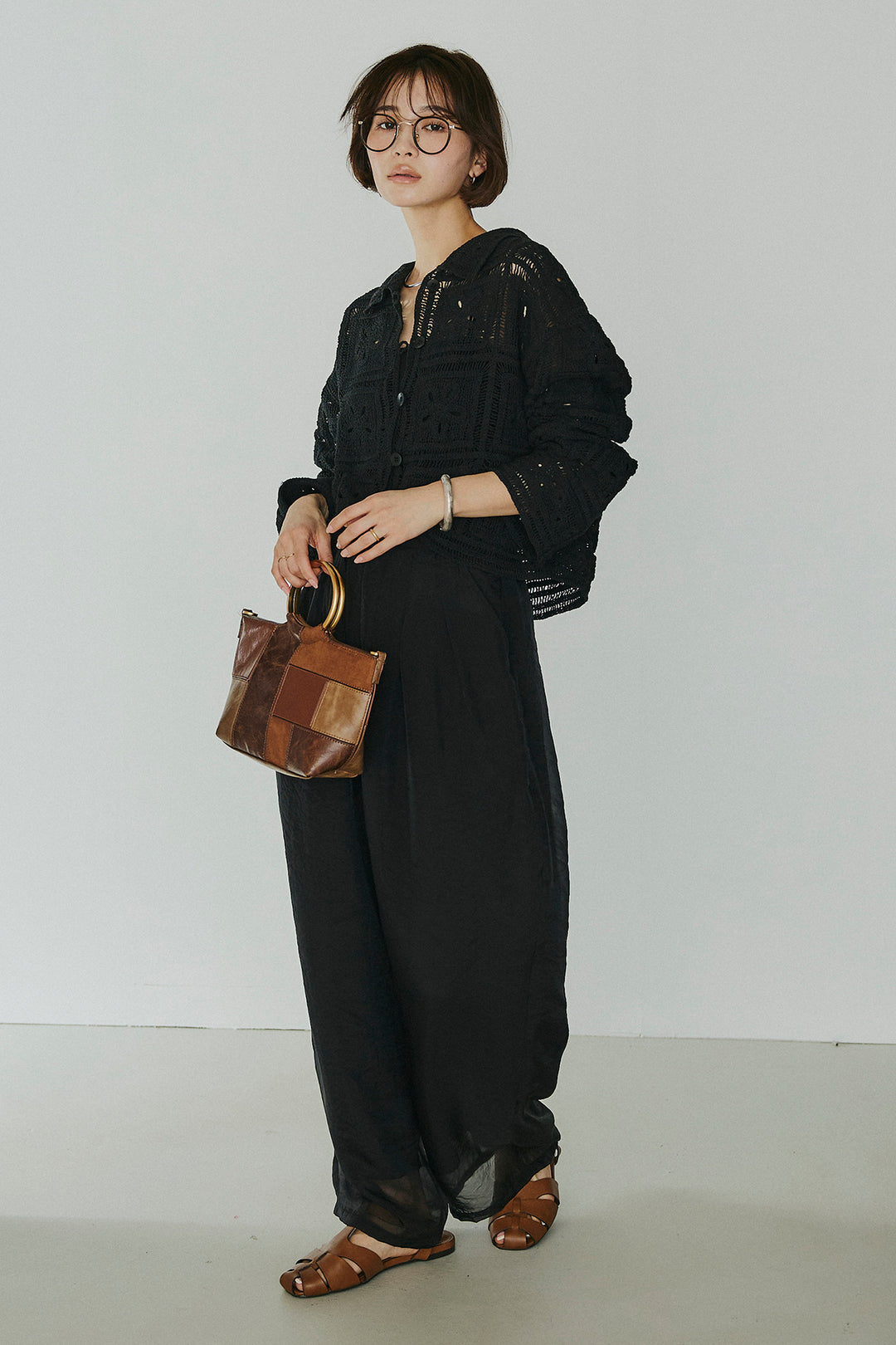 [SET]鍵編みフラワーレースカーディガン+オーガンジータックパンツ(2set)