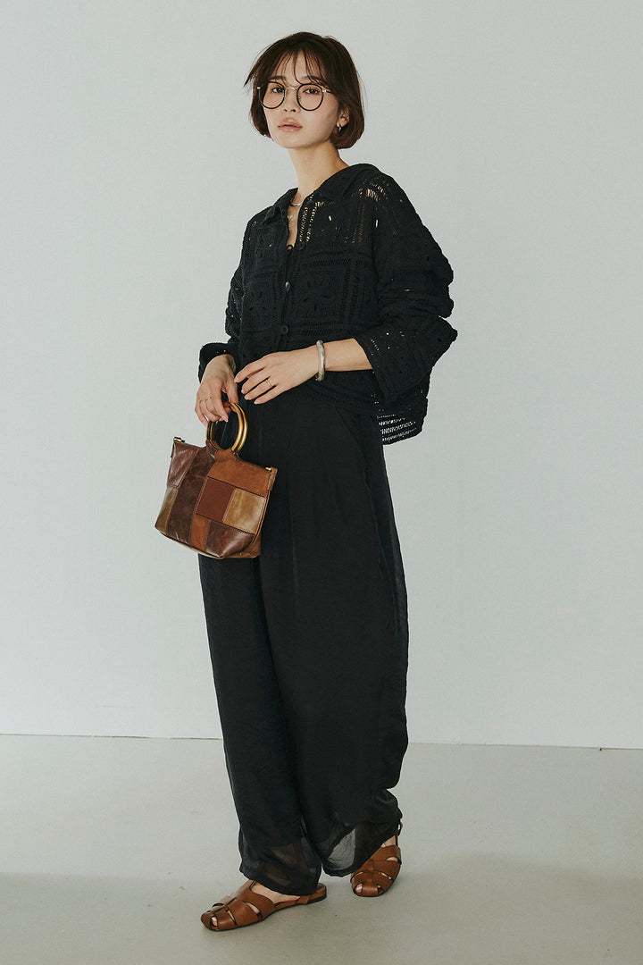 [SET]鍵編みフラワーレースカーディガン+オーガンジータックパンツ(2set)