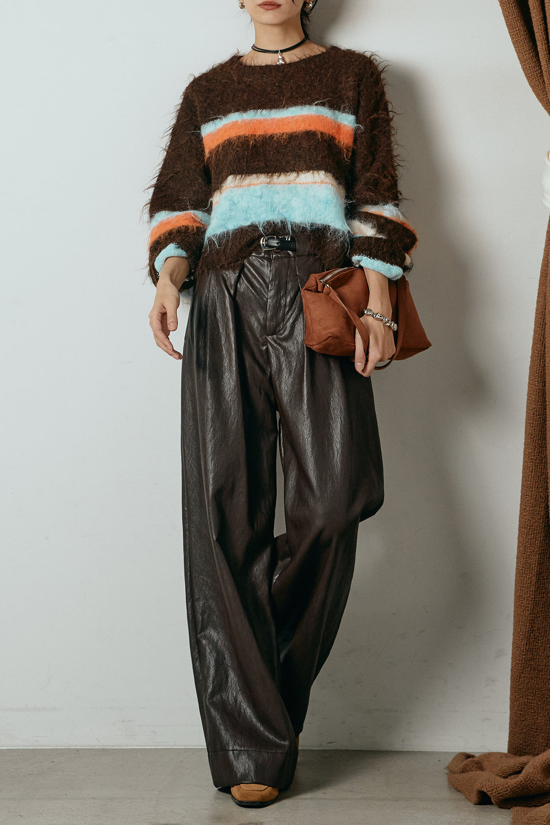 [SET]起毛配色マルチボーダーニットトップス+ベルト付きレザーライクタックパンツ(2set)