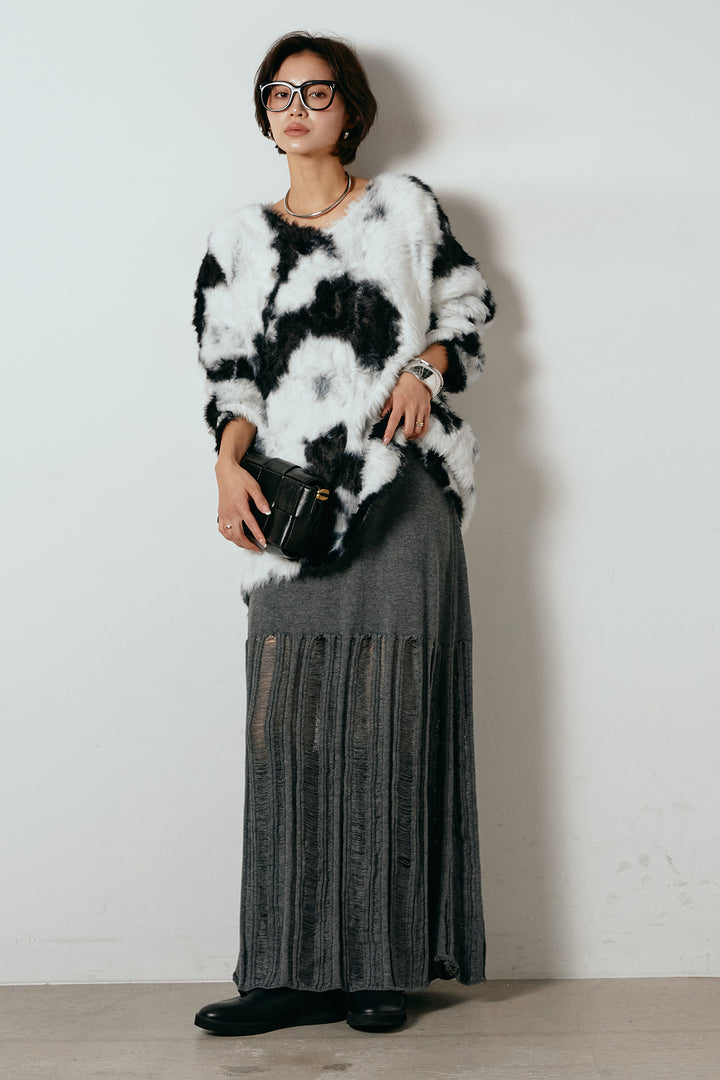 [SET]タイダイ柄シャギーニットトップス+裾シアーリブスカート(2set)