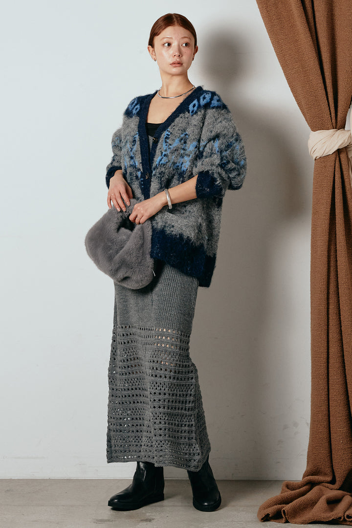 [SET]シャギーニュアンス柄ニットカーディガン+裾透かし編みキャミソールニットワンピース(2set)