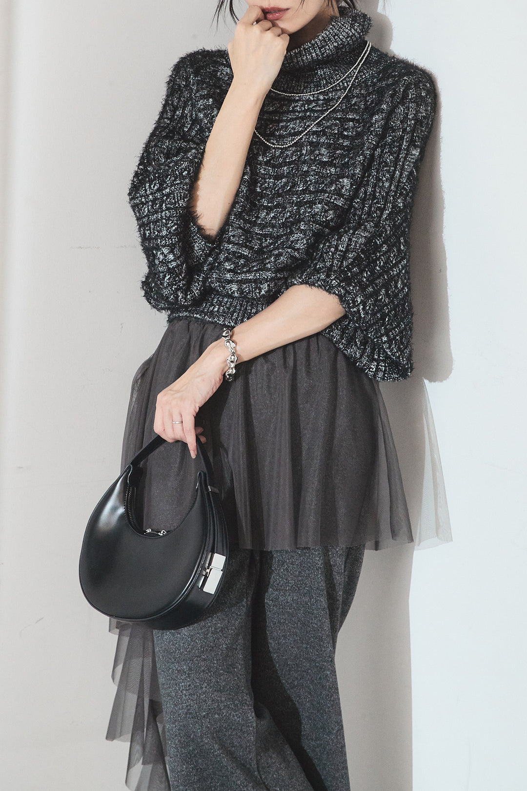 [SET]ミックス編みドルマンニットトップス+チュールレイヤードニットパンツ(2set)