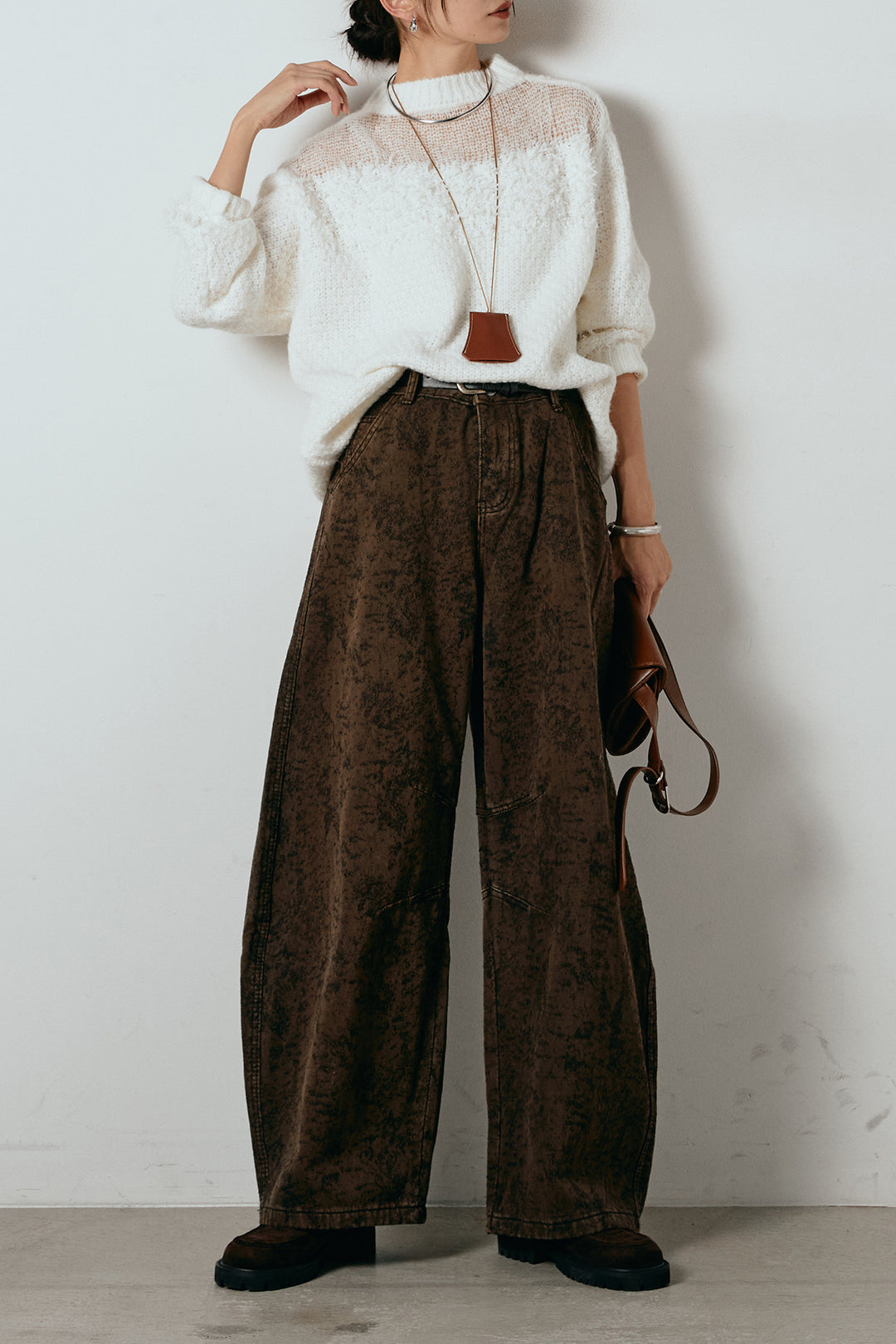 [SET]パターンランダム編みニットトップス+ベルト付きニュアンス柄カーブワイドパンツ(2set)