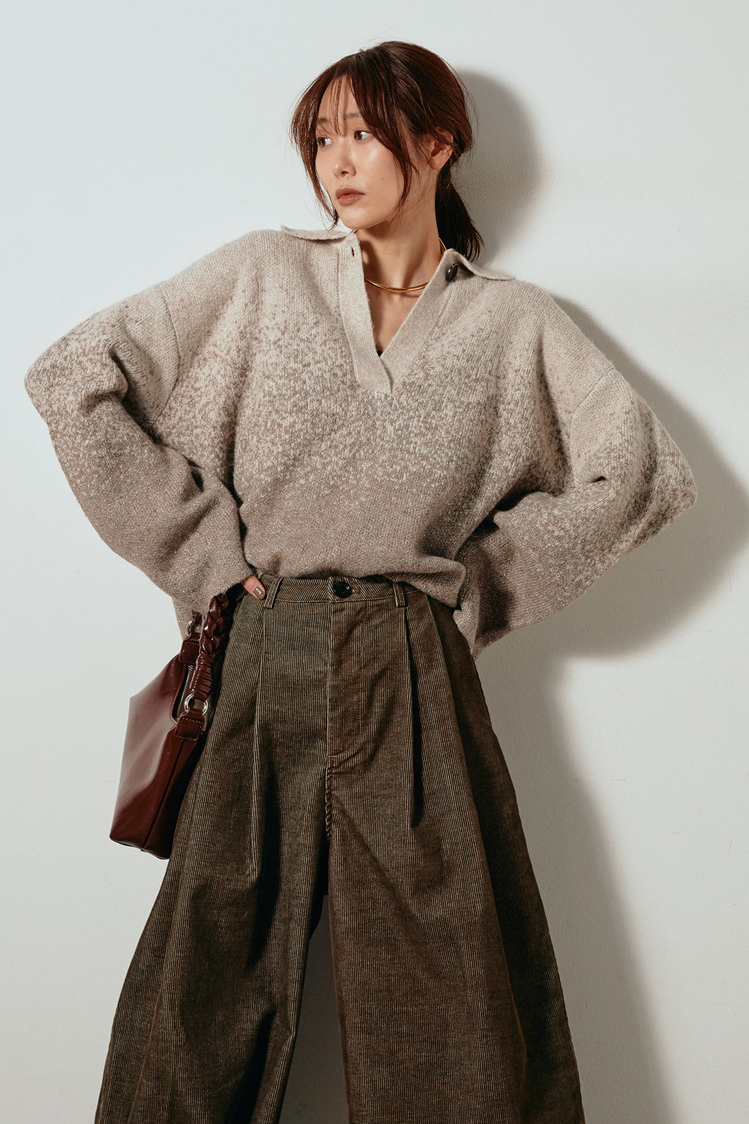 [SET]グラデーションラメニットキーネックプルオーバー+フロントタック入りコーデュロイパンツ(2set)