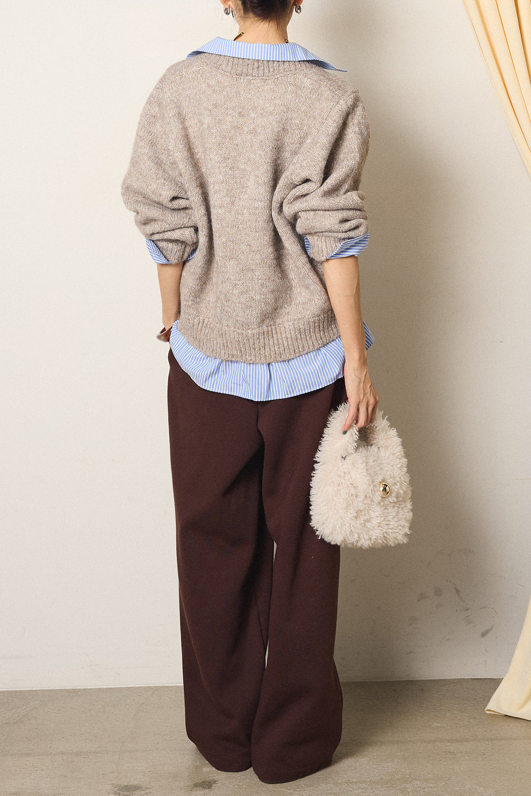 [SET]ストライプシャツドッキングニットポロトップス+裏起毛スウェットワイドパンツ(2set)