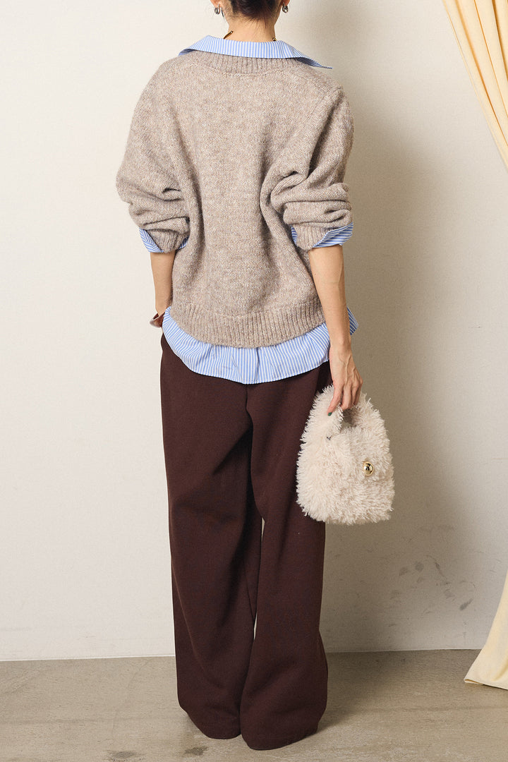 [SET]ストライプシャツドッキングニットポロトップス+裏起毛スウェットワイドパンツ(2set)