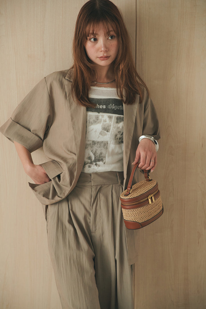 [SET]リネンライクテーラードハーフスリーブジャケット+リネンライク2タックワイドパンツ(2set)