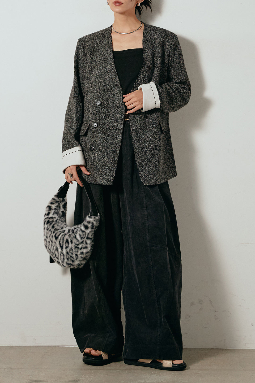 [SET]ノーカラーダブルボタンツイードジャケット+タック入りコーデュロイワイドパンツ(2set)
