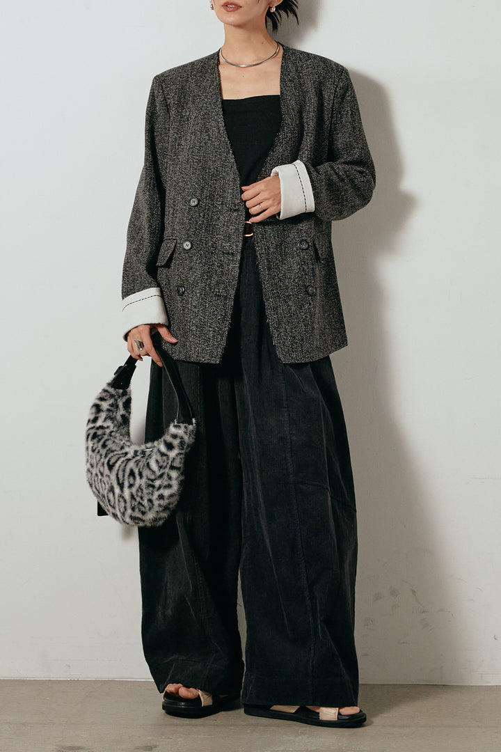 [SET]ノーカラーダブルボタンツイードジャケット+タック入りコーデュロイワイドパンツ(2set)