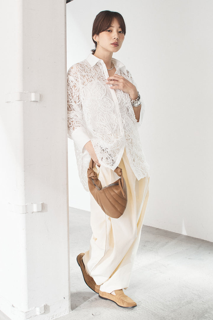 [SET]刺繍レースオーバーサイズシャツ+合繊ツイルパイピングタックカーブパンツ(2set)