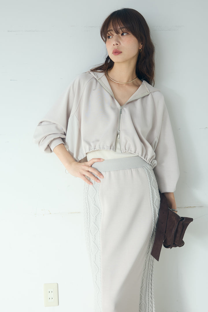 [SET]ドルマンショートフーディー+異素材ドッキングケーブルニットスカート(2set)