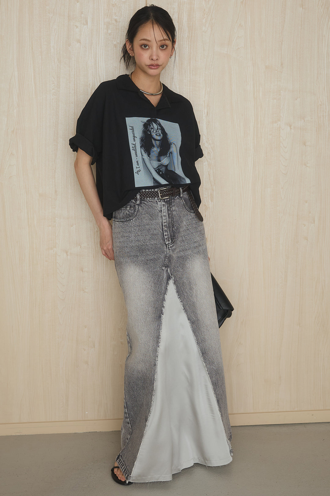 [SET]グラフィックポロTシャツ+サテン切り替えデニムスカート(2set)