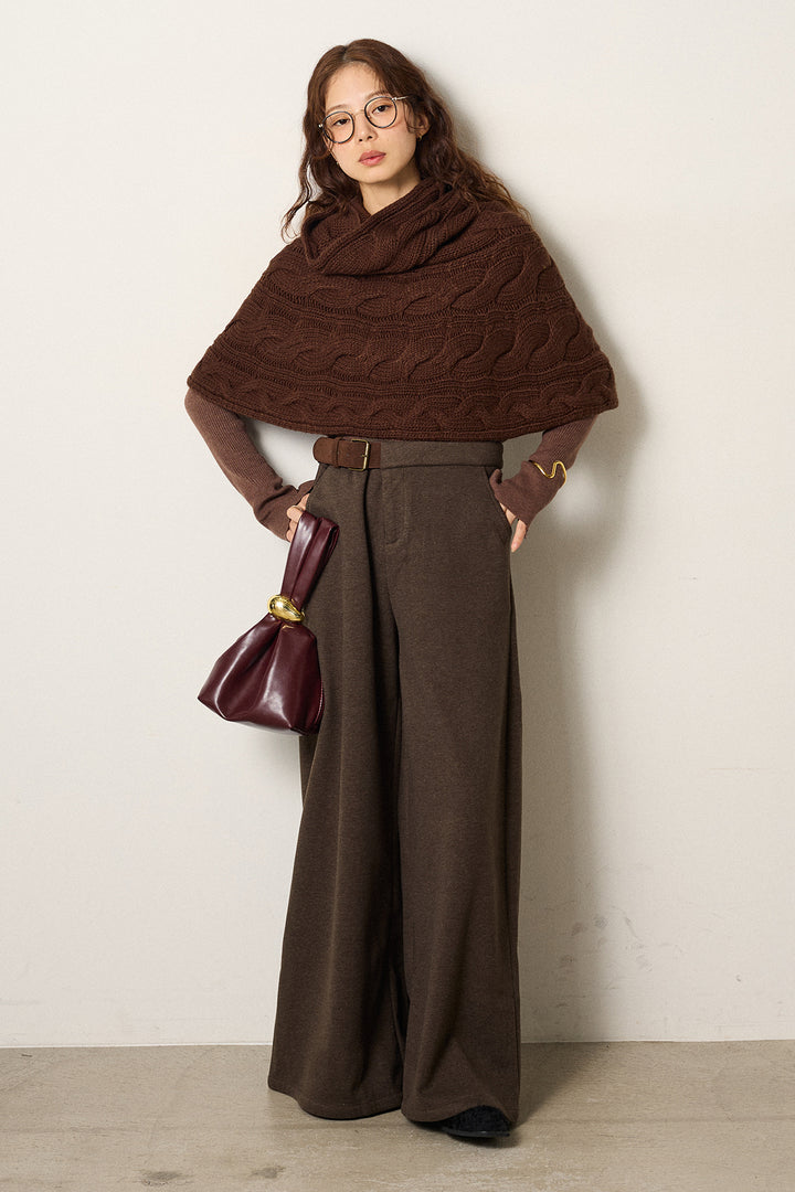 [SET]ケーブル編みケープレイヤードニット+サイドベルトパンツ(2set)