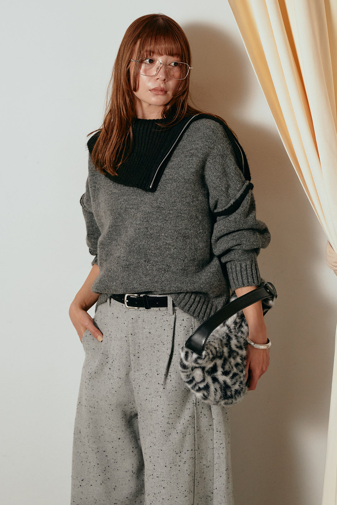 [SET]ハイネックジップデザインニットトップス+ベルト付きネップツイードカーブパンツ(2set)