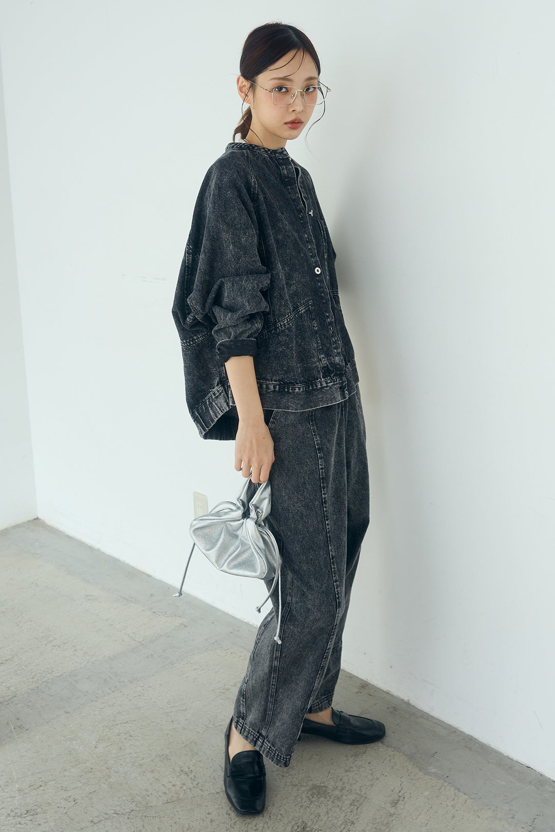 [SET]カラーデニムケミカル加工ノーカラーブルゾン+カラーデニムケミカル加工コクーンパンツ(2set)