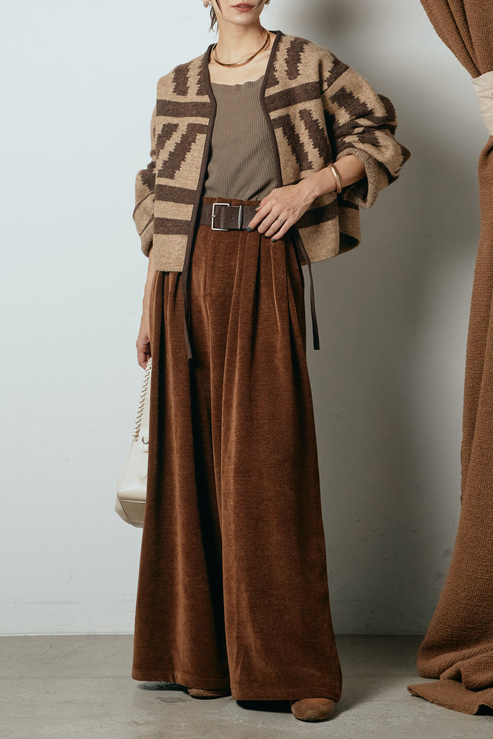 [SET]ノーカラー幾何学模様アウター+ベルトループコーデュロイワイドパンツ(2set)