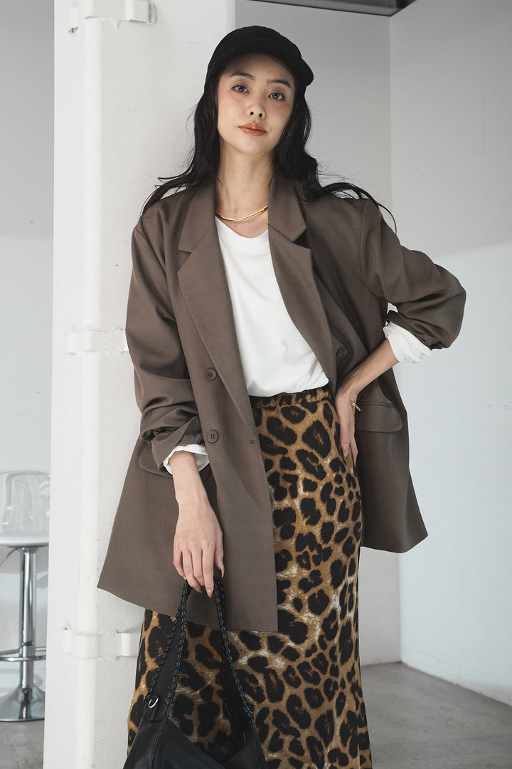 [SET]ルーズシルエットダブルテーラードジャケット+ストレッチロングTシャツ+レオパードサテンナロースカート(3set)