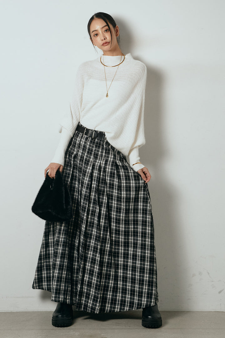 [SET]ポンチョシルエット透かしニットトップス+ベルト付きタータンチェックプリーツスカート(2set)