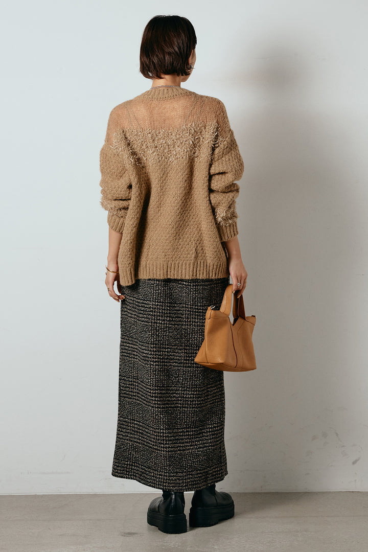 [SET]パターンランダム編みニットトップス+グレンチェック柄フロントジップタイトスカート(2set)