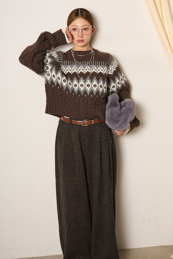 [SET]2WAY求心柄ジャガードショートカーディガン+起毛タック入りツイードワイドパンツ+2WAY袖コード刺繍クルーネックプルオーバー(3set)