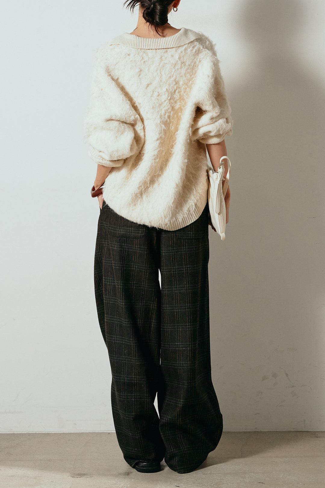 [SET]襟付きシャギーニットポロトップス+タータンチェック柄タックパンツ(2set)