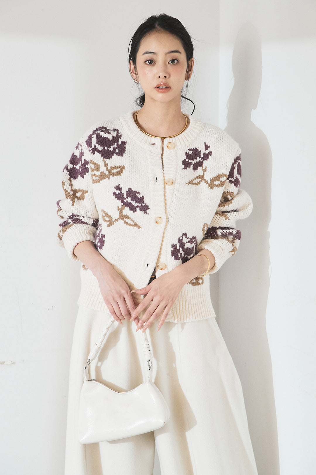 [SET]花柄ジャガードニットカーディガン+ウールタッチカーブワイドパンツ(2set)