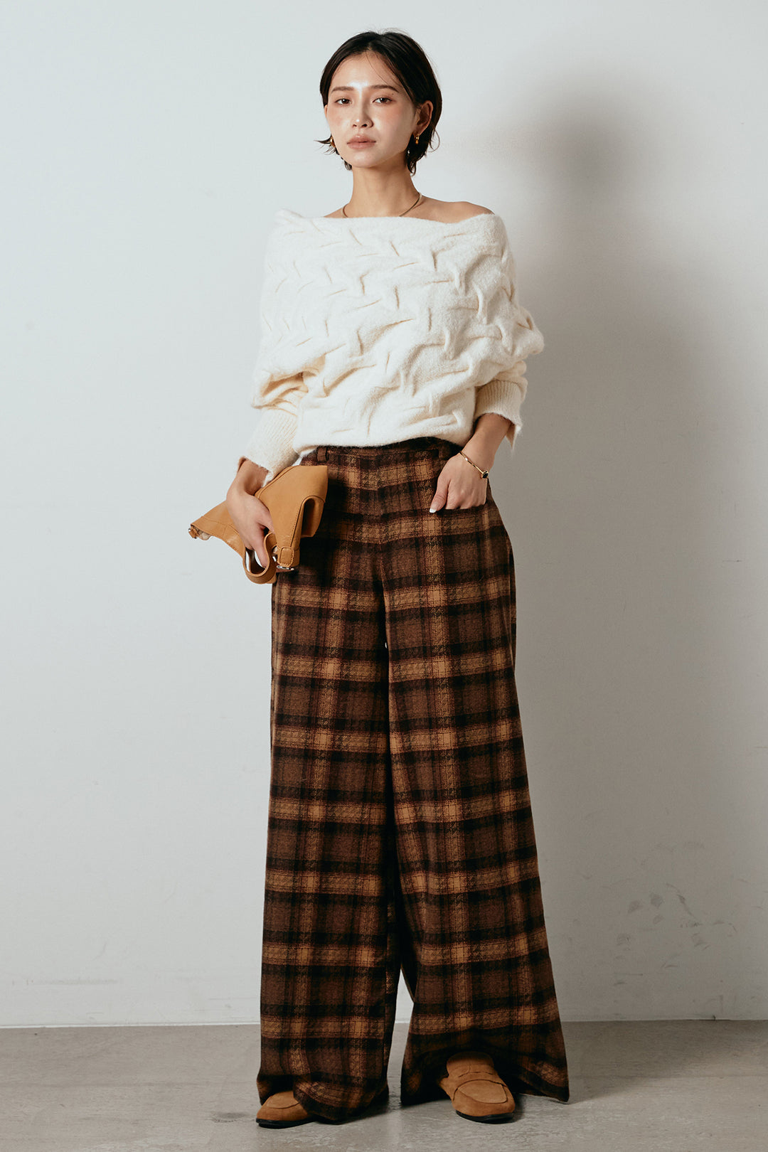 [SET]ボートネックニットトップス+ルーズタータンチェックワイドパンツ(2set)