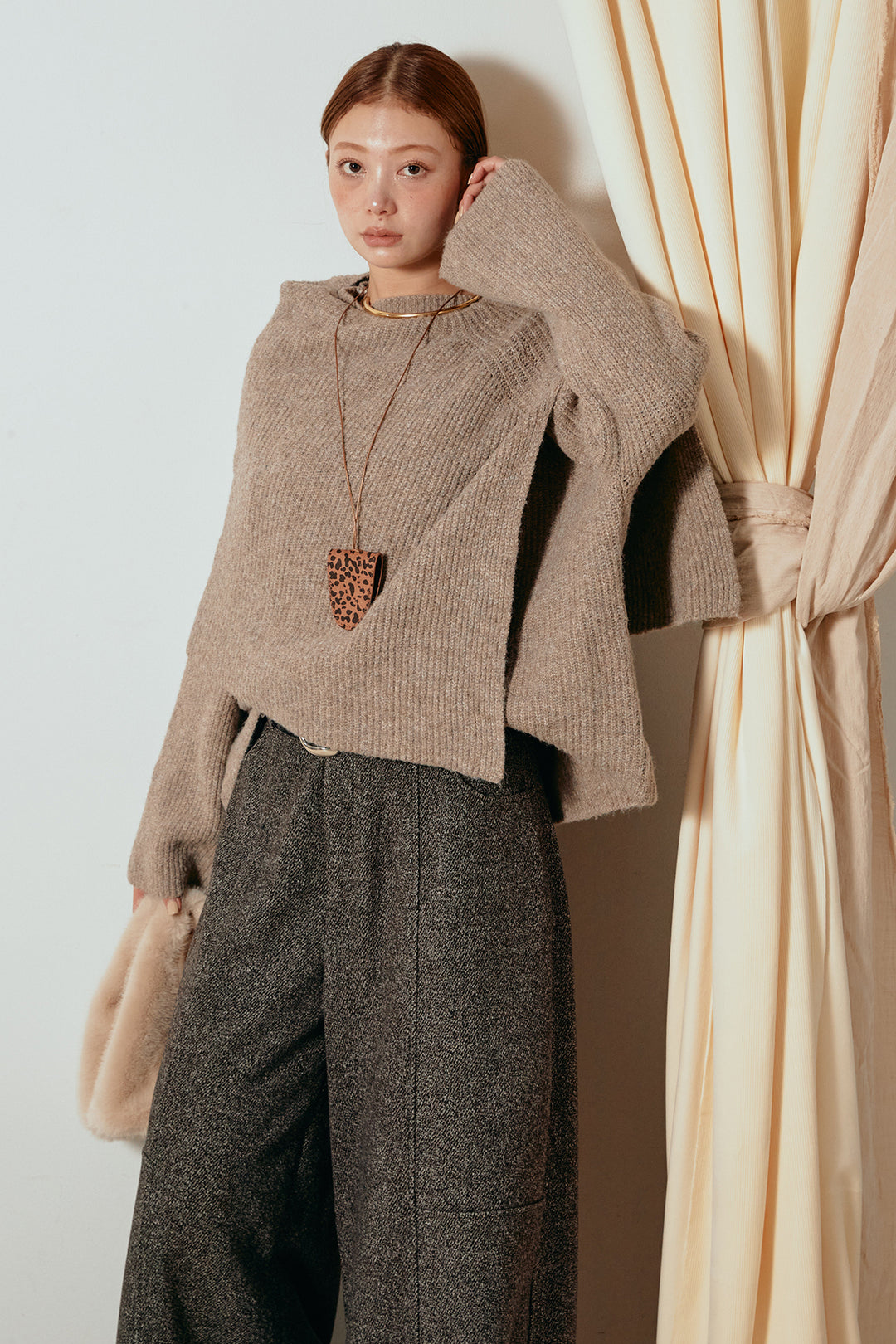 [SET]ケープデザインリブニットトップス+太ベルト付きツイードワイドパンツ(2set)