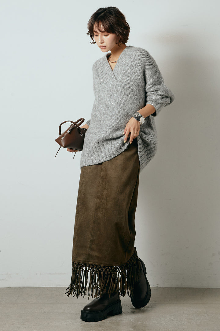 [SET]Vネックラメニットトップス+スウェードライク裾フリンジスカート(2set)