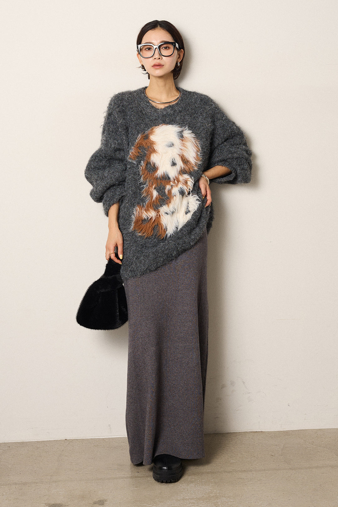 [SET]シャギーニュアンスアニマルニット+リブナローニットスカート(2set)