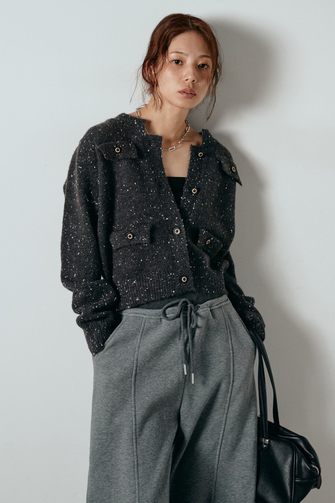 [SET]ネップニットカーディガン+スウェットワイドカーブパンツ(2set)