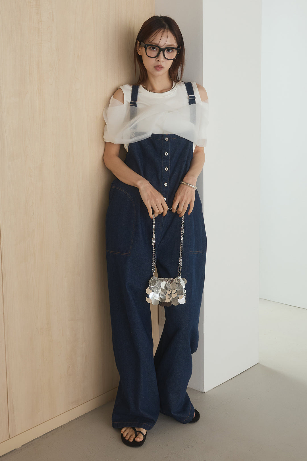 [SET]シアーレイヤーデザインカットソー+フロントボタンデニムサロペット(2set)