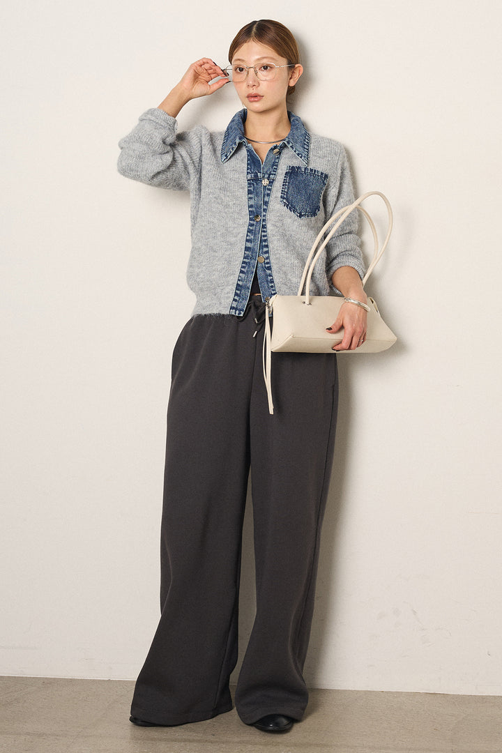 [SET]襟付きデニム切替ニットカーディガン+裏起毛スウェットワイドパンツ(2set)