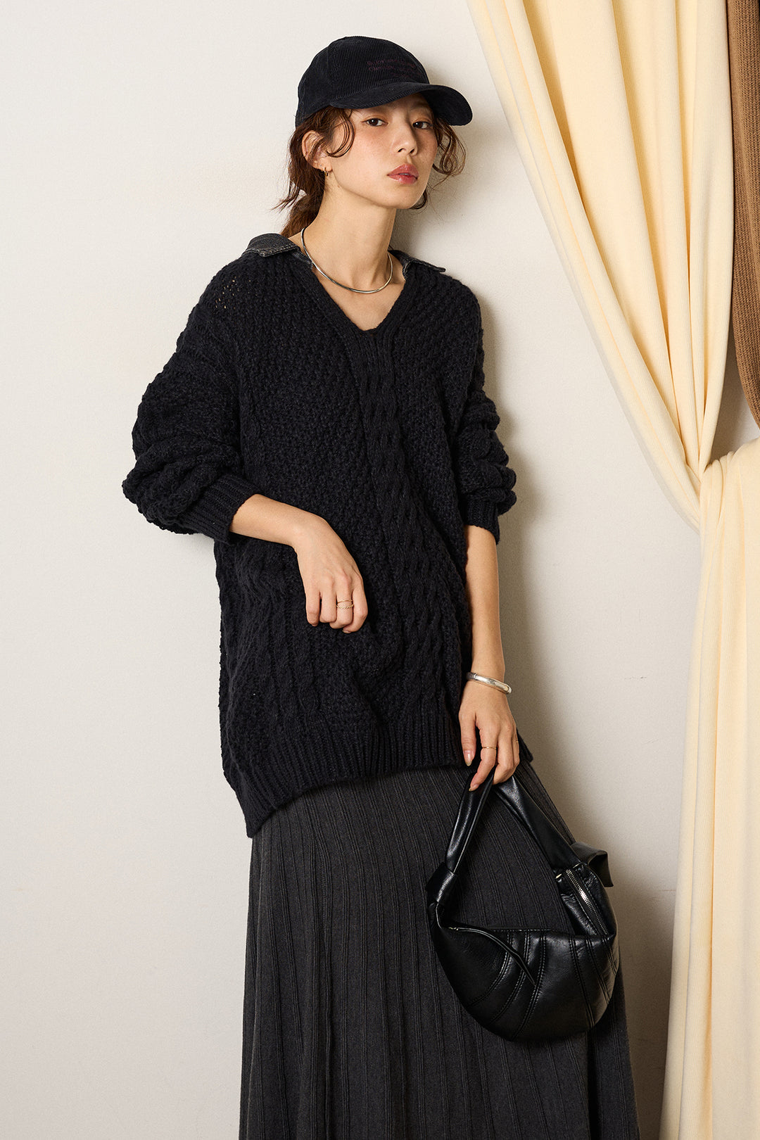 [SET]デニムカラーケーブルオーバーニット+編み地切り替えフレアニットスカート(2set)